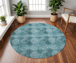 HomeRoots 8' Teal and Ivory Floral Medallion Round Rug - Washable, UV-Protected, Stain-Resistant Style for Homes 648955