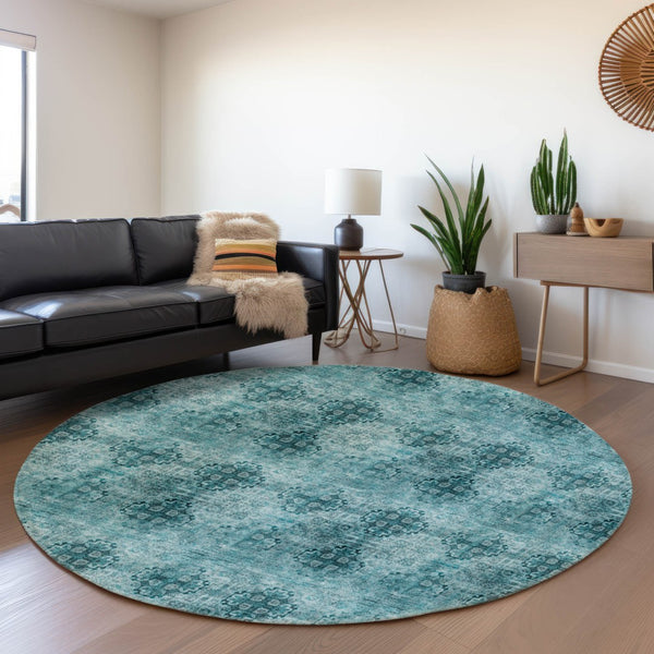 HomeRoots 8' Teal and Ivory Floral Medallion Round Rug - Washable, UV-Protected, Stain-Resistant Style for Homes 648955