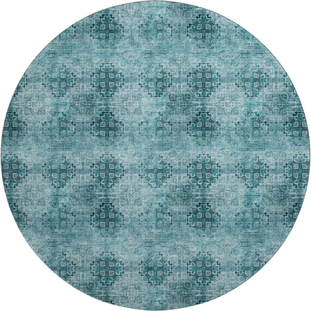 HomeRoots 8' Teal and Ivory Floral Medallion Round Rug - Washable, UV-Protected, Stain-Resistant Style for Homes 648955