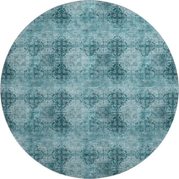 HomeRoots 8' Teal and Ivory Floral Medallion Round Rug - Washable, UV-Protected, Stain-Resistant Style for Homes 648955