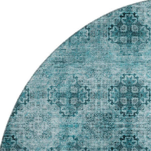 HomeRoots 8' Teal and Ivory Floral Medallion Round Rug - Washable, UV-Protected, Stain-Resistant Style for Homes 648955
