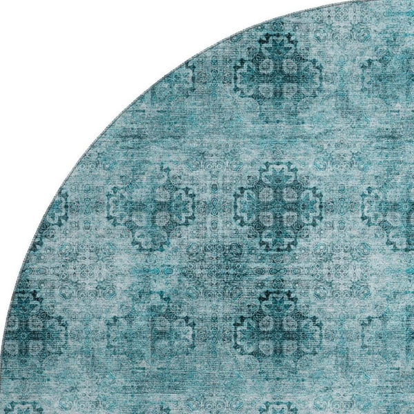 HomeRoots 8' Teal and Ivory Floral Medallion Round Rug - Washable, UV-Protected, Stain-Resistant Style for Homes 648955