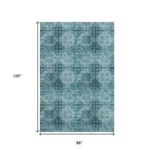 HomeRoots 8' X 10' Teal and Ivory Floral Medallion Area Rug - Washable, UV Protected, Perfect for Busy Homes! 648956