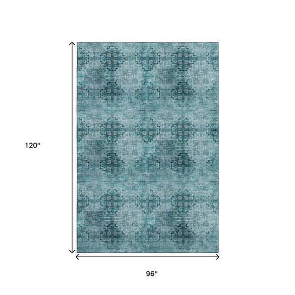 HomeRoots 8' X 10' Teal and Ivory Floral Medallion Area Rug - Washable, UV Protected, Perfect for Busy Homes! 648956