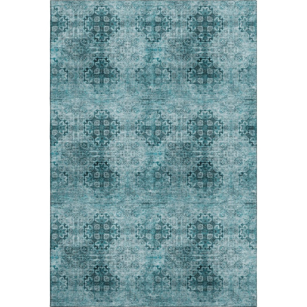 HomeRoots 8' X 10' Teal and Ivory Floral Medallion Area Rug - Washable, UV Protected, Perfect for Busy Homes! 648956