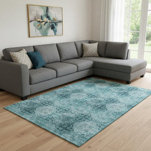 HomeRoots 8' X 10' Teal and Ivory Floral Medallion Area Rug - Washable, UV Protected, Perfect for Busy Homes! 648956