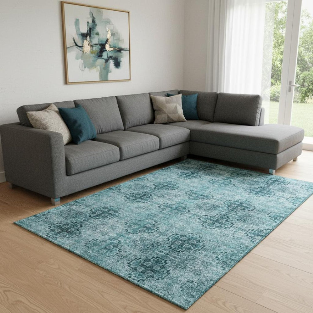HomeRoots 9' X 12' Teal Floral Medallion Area Rug - Durable, Washable, UV Protected for Family Homes & Style 648957