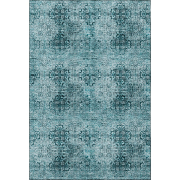 HomeRoots 9' X 12' Teal Floral Medallion Area Rug - Durable, Washable, UV Protected for Family Homes & Style 648957