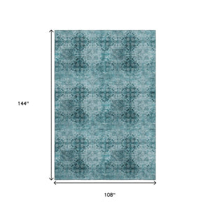 HomeRoots 9' X 12' Teal Floral Medallion Area Rug - Durable, Washable, UV Protected for Family Homes & Style 648957