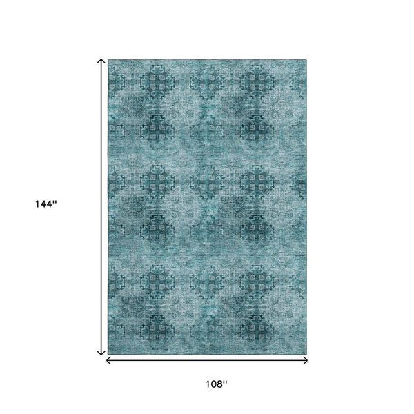 HomeRoots 9' X 12' Teal Floral Medallion Area Rug - Durable, Washable, UV Protected for Family Homes & Style 648957