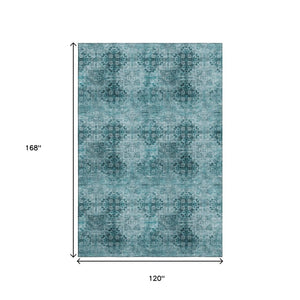 HomeRoots 10' X 14' Teal and Ivory Floral Medallion Washable Area Rug - Stain Resistant & UV Protected Decor 648958