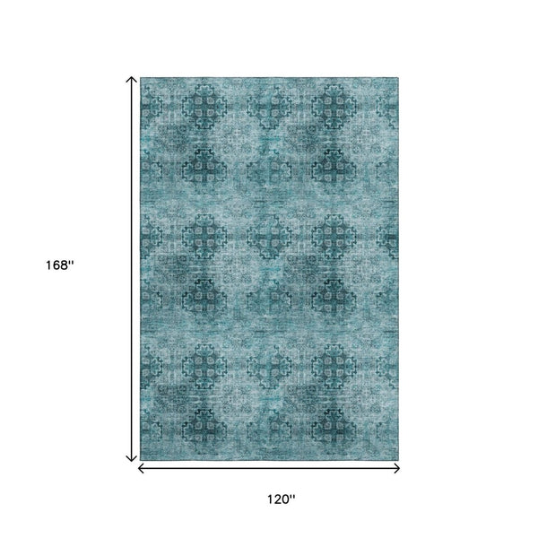 HomeRoots 10' X 14' Teal and Ivory Floral Medallion Washable Area Rug - Stain Resistant & UV Protected Decor 648958