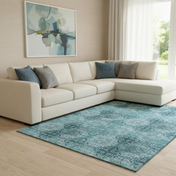 HomeRoots 10' X 14' Teal and Ivory Floral Medallion Washable Area Rug - Stain Resistant & UV Protected Decor 648958