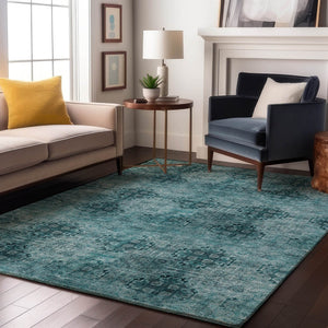 HomeRoots 10' X 14' Teal and Ivory Floral Medallion Washable Area Rug - Stain Resistant & UV Protected Decor 648958