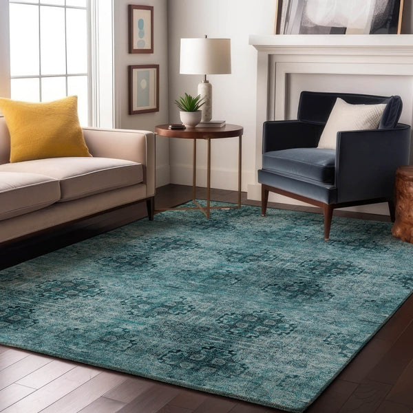 HomeRoots 10' X 14' Teal and Ivory Floral Medallion Washable Area Rug - Stain Resistant & UV Protected Decor 648958