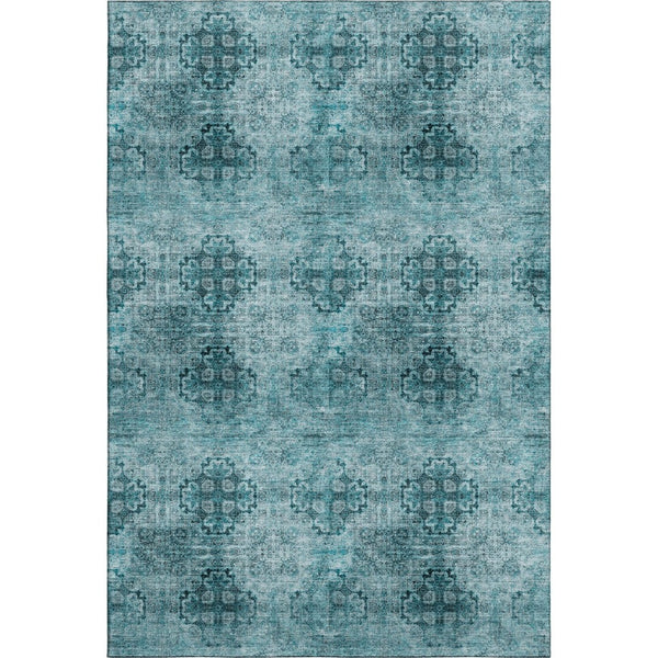 HomeRoots 10' X 14' Teal and Ivory Floral Medallion Washable Area Rug - Stain Resistant & UV Protected Decor 648958