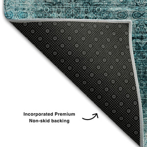HomeRoots 10' X 14' Teal and Ivory Floral Medallion Washable Area Rug - Stain Resistant & UV Protected Decor 648958