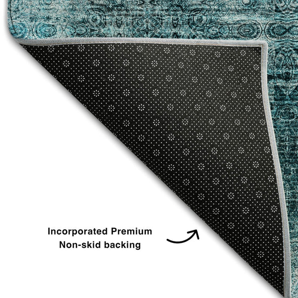 HomeRoots 10' X 14' Teal and Ivory Floral Medallion Washable Area Rug - Stain Resistant & UV Protected Decor 648958