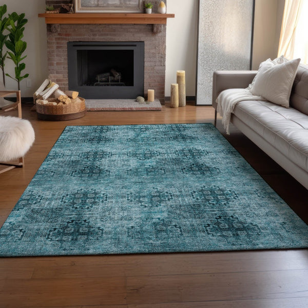 HomeRoots 10' X 14' Teal and Ivory Floral Medallion Washable Area Rug - Stain Resistant & UV Protected Decor 648958