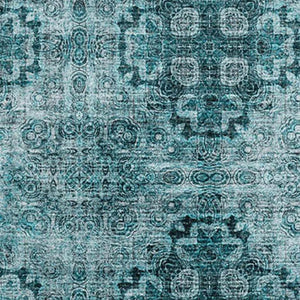 HomeRoots 10' X 14' Teal and Ivory Floral Medallion Washable Area Rug - Stain Resistant & UV Protected Decor 648958