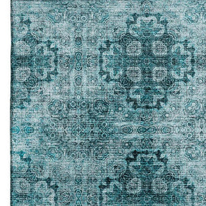 HomeRoots 10' X 14' Teal and Ivory Floral Medallion Washable Area Rug - Stain Resistant & UV Protected Decor 648958