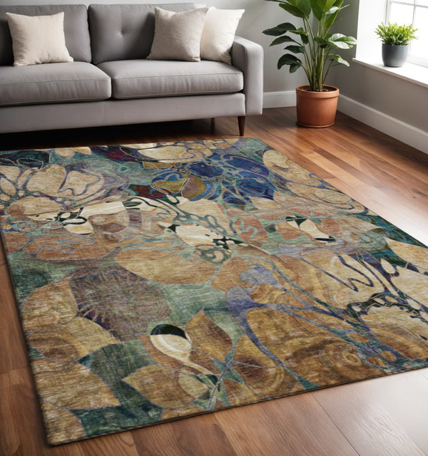 HomeRoots 5' X 8' Washable Beige Blue Purple Floral Area Rug - UV Protected, Stain Resistant & Easy Care 648960