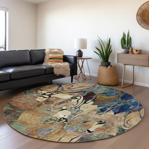 HomeRoots 8' Beige Blue Purple Floral Washable Round Rug - UV Protected, Stain Resistant & Durable for Homes 648961
