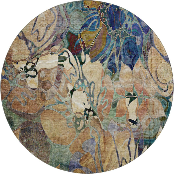 HomeRoots 8' Beige Blue Purple Floral Washable Round Rug - UV Protected, Stain Resistant & Durable for Homes 648961