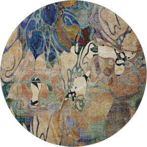 HomeRoots 8' Beige Blue Purple Floral Washable Round Rug - UV Protected, Stain Resistant & Durable for Homes 648961