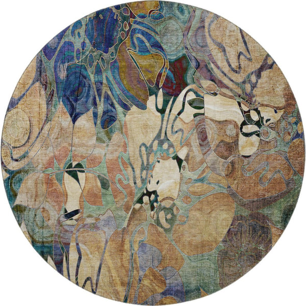 HomeRoots 8' Beige Blue Purple Floral Washable Round Rug - UV Protected, Stain Resistant & Durable for Homes 648961