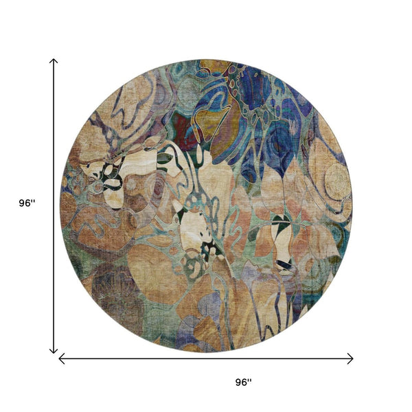 HomeRoots 8' Beige Blue Purple Floral Washable Round Rug - UV Protected, Stain Resistant & Durable for Homes 648961
