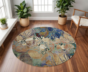 HomeRoots 8' Beige Blue Purple Floral Washable Round Rug - UV Protected, Stain Resistant & Durable for Homes 648961