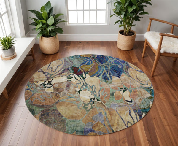HomeRoots 8' Beige Blue Purple Floral Washable Round Rug - UV Protected, Stain Resistant & Durable for Homes 648961