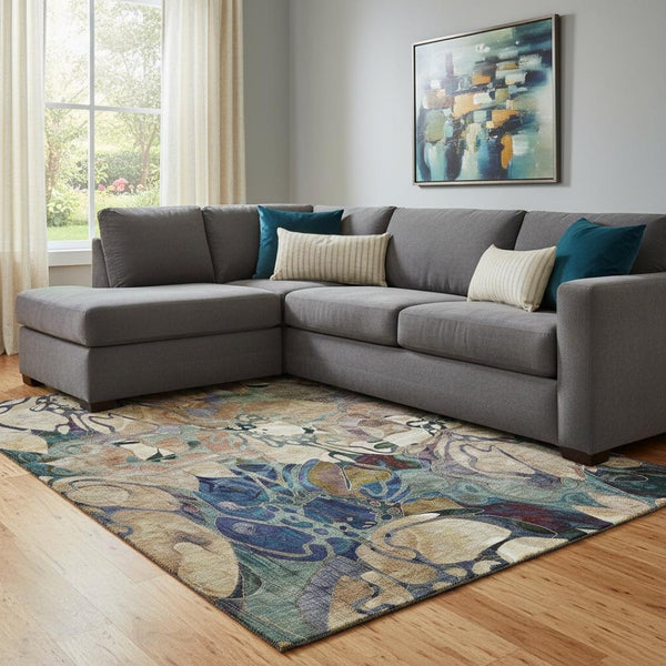 HomeRoots 8' X 10' Floral Washable Area Rug in Beige, Blue & Purple - Stain Resistant & UV Protected Design 648962