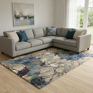 HomeRoots 9' X 12' Floral Area Rug in Beige, Blue & Purple – Washable, Stain-Resistant, UV Protected Design! 648963