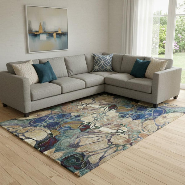 HomeRoots 9' X 12' Floral Area Rug in Beige, Blue & Purple – Washable, Stain-Resistant, UV Protected Design! 648963