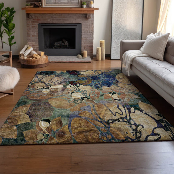 HomeRoots 9' X 12' Floral Area Rug in Beige, Blue & Purple – Washable, Stain-Resistant, UV Protected Design! 648963