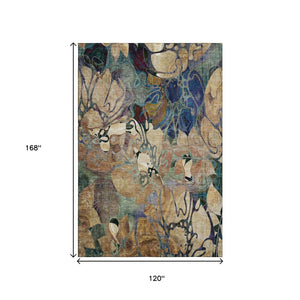HomeRoots 10' Transitional Floral Area Rug in Beige, Blue & Purple - Washable, UV Protected, Durable Design 648964