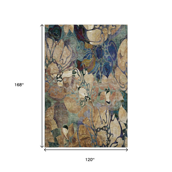 HomeRoots 10' Transitional Floral Area Rug in Beige, Blue & Purple - Washable, UV Protected, Durable Design 648964