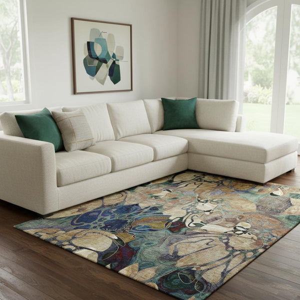 HomeRoots 10' Transitional Floral Area Rug in Beige, Blue & Purple - Washable, UV Protected, Durable Design 648964