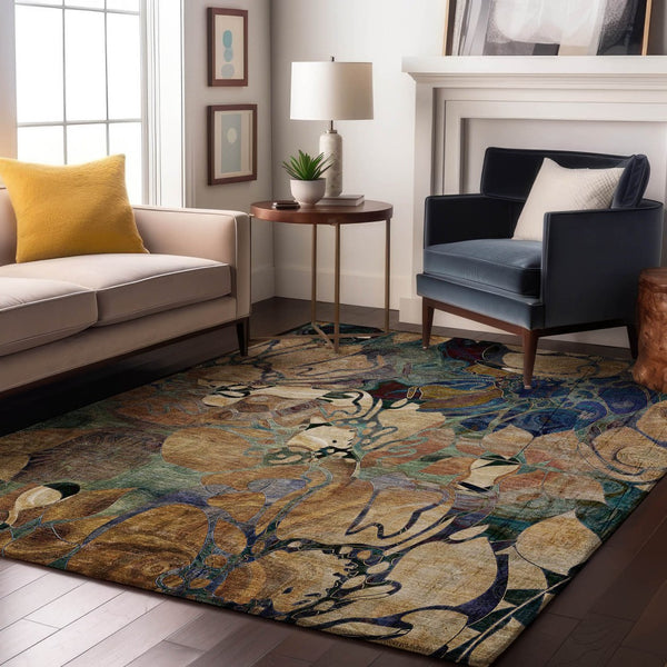 HomeRoots 10' Transitional Floral Area Rug in Beige, Blue & Purple - Washable, UV Protected, Durable Design 648964