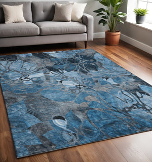 HomeRoots 5' X 8' Blue Ivory & Gray Floral Area Rug - Stylish, Durable, Washable with UV Protection for All Spaces 648966