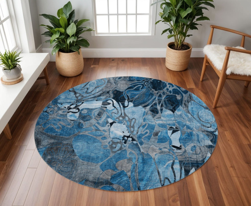 HomeRoots 8' Blue Floral Washable Round Rug with UV Protection - Durable, Soft & Stain-Resistant for Homes 648967
