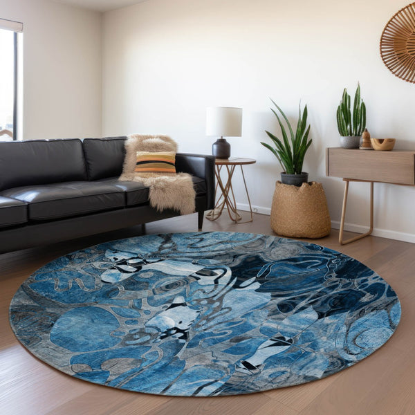 HomeRoots 8' Blue Floral Washable Round Rug with UV Protection - Durable, Soft & Stain-Resistant for Homes 648967