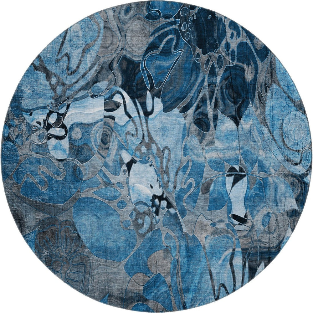 HomeRoots 8' Blue Floral Washable Round Rug with UV Protection - Durable, Soft & Stain-Resistant for Homes 648967