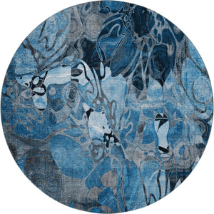 HomeRoots 8' Blue Floral Washable Round Rug with UV Protection - Durable, Soft & Stain-Resistant for Homes 648967
