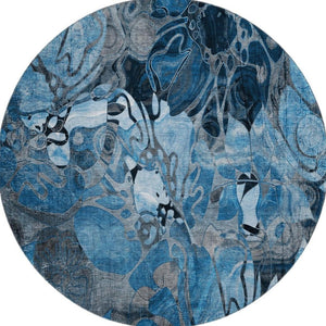 HomeRoots 8' Blue Floral Washable Round Rug with UV Protection - Durable, Soft & Stain-Resistant for Homes 648967