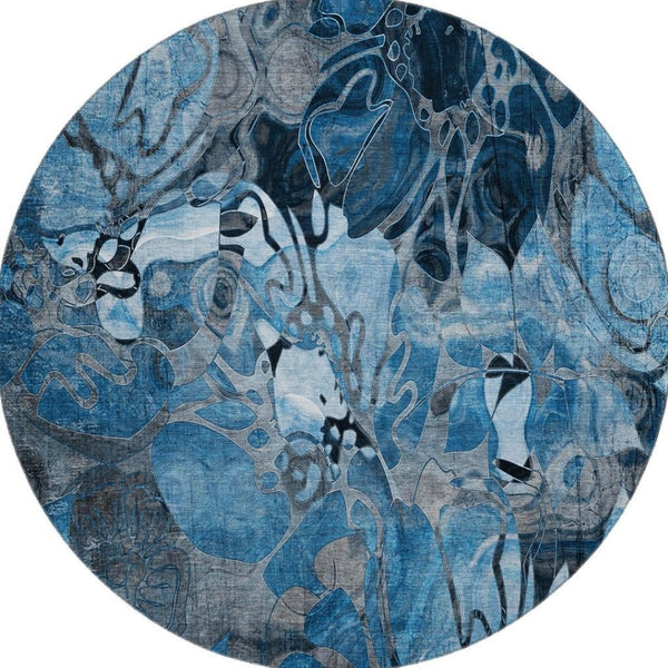 HomeRoots 8' Blue Floral Washable Round Rug with UV Protection - Durable, Soft & Stain-Resistant for Homes 648967