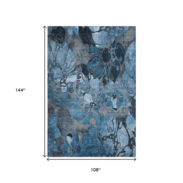 HomeRoots 9' X 12' Blue Ivory Gray Floral Area Rug – Durable, Washable, UV-Protected for Kids & Pets! 648969