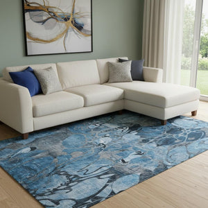 HomeRoots 9' X 12' Blue Ivory Gray Floral Area Rug – Durable, Washable, UV-Protected for Kids & Pets! 648969